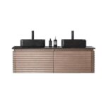 The Ocala 60 Inch Wall Mount Bathroom Vanity With Vessel Sink showcases a modern wavy wood-textured front, dual rectangular black vessel sinks, matching black faucets and soap dispensers on a black countertop.