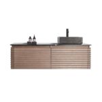 The Ocala 60 Inch Wall Mount Bathroom Vanity With Vessel Sink boasts ribbed wood doors, a dark countertop, a rectangular vessel sink, black faucet, and two left-side soap dispensers for a sleek modern look.