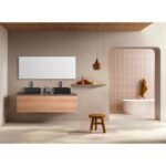 Modern minimalist bathroom with neutral tones, showcasing the Ocala 60 Inch Wall Mount Bathroom Vanity With Vessel Sink, double sinks, a large mirror, wall shelf, pendant light, stool, and a freestanding bathtub seen through an archway.