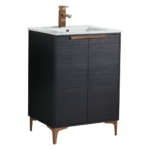The Wilmington 24 Inch Bathroom Vanity With Sink features a modern design with a dark wood cabinet, two doors, gold handles, and matching legs. It is topped with a pristine white square sink basin and an elegant gold faucet.