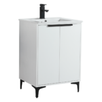 The Wilmington 24 Inch Bathroom Vanity With Sink features a modern white design, two doors, and a sleek black faucet. It stands on four black legs, creating a minimalistic look ideal for contemporary interiors.