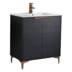 Meet the Wilmington 30 Inch Bathroom Vanity With Sink, featuring a modern white countertop atop a sleek dark wood cabinet. It includes two doors with bronze handles, matching bronze legs, and a stylish bronze faucet for an elegant bathroom upgrade.