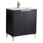 The Wilmington 30 Bathroom Vanity With Sink showcases a modern design with a dark wood finish, white countertop, and gold faucet. Its two doors feature gold handles and legs, adding elegance to any bathroom.