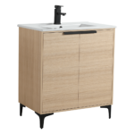 The Wilmington 30 Bathroom Vanity features a light wood finish, two doors under a white countertop with an integrated sink, a modern black faucet, and black leg accents, offering a sleek contemporary design perfect for any bathroom.
