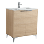 The Wilmington 30 Vanity with Sink features a light wood design, two cabinet doors, a modern silver faucet in the white sink, and metallic legs for a contemporary feel.