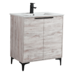 The Wilmington 30 Inch Bathroom Vanity features a wooden design with a sleek white countertop, matte black faucet, textured light wood finish, two cabinet doors with black handles, and sturdy black legs.