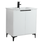 The Wilmington 30 Inch Bathroom Vanity features a modern white design with two doors, black handles, and sleek black legs. Its minimalist integrated sink complements the single black faucet, blending style and functionality.
