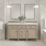 A modern bathroom featuring the Lorelai 60 inch Double Bathroom Vanity, two rectangular mirrors, pendant lighting, a floral vase, white towels, and neutral tile walls and flooring.