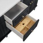 A close-up of two open drawers in the Lorelai 72 inch Double Bathroom Vanity shows an empty top drawer and a bottom drawer featuring a wooden organizer with multiple compartments and a round hole in the center.