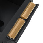 Overhead view of two wooden drawers with black knobs, partially open in the Lorelai 72 inch Double Bathroom Vanity, revealing the interior of the black cabinet.