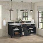 Modern bathroom featuring the Lorelai 72 inch Double Bathroom Vanity with white countertops, open drawers, dual sinks, mirrors, pendant lights, gold fixtures, light wood floors, and a large window for natural light.