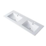 The Assisi 48 inch Wall Mounted Double Bathroom Vanity With Sink has a sleek white rectangular design, two integrated basins, and dual faucet holes, making it a stylish and functional addition to any modern bathroom.