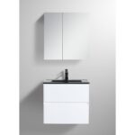 The Assisi 24 inch Wall Mounted Bathroom Vanity With Sink offers minimalist style, a modern white sink unit, two drawers, black countertop, single black faucet, and a wall-mounted mirrored cabinet.