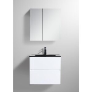 The Assisi 24 inch Wall Mounted Bathroom Vanity With Sink offers minimalist style, a modern white sink unit, two drawers, black countertop, single black faucet, and a wall-mounted mirrored cabinet.