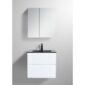 The Assisi 24 inch Wall Mounted Bathroom Vanity With Sink offers minimalist style, a modern white sink unit, two drawers, black countertop, single black faucet, and a wall-mounted mirrored cabinet.