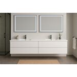 Modern bathroom with the Assisi 72 inch Wall Mounted Double Bathroom Vanity With Sink, two rectangular mirrors above, a beige rug on gray tile flooring, a towel to the right, and a glass shower visible on the left.
