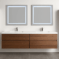 A modern bathroom with a double sink vanity featuring wooden drawers and two rectangular, illuminated mirrors above each sink; the floor is tiled in gray.