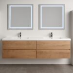 Modern bathroom with the Assisi 72 inch Wall Mounted Double Bathroom Vanity With Sink, two large square LED mirrors, a crisp white wall, and gray tiled flooring.