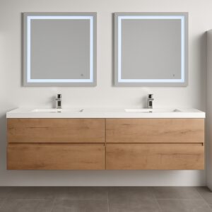 Modern bathroom with the Assisi 72 inch Wall Mounted Double Bathroom Vanity With Sink, two large square LED mirrors, a crisp white wall, and gray tiled flooring.