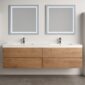 Modern bathroom with the Assisi 72 inch Wall Mounted Double Bathroom Vanity With Sink, two large square LED mirrors, a crisp white wall, and gray tiled flooring.