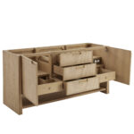 A wooden Solene 72 inch Double Bathroom Vanity Cabinet features open drawers and doors that reveal multiple storage compartments and a built-in power outlet. Its unfinished surface highlights the natural wood grain.