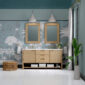 A stylish bathroom with a Solene 72 inch Double Bathroom Vanity Cabinet featuring rattan fronts, two rectangular mirrors, pendant lights, tropical wallpaper, plants, a wicker stool, and rolled towels on the vanity’s lower shelf.
