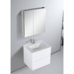 The Assisi 24 inch Wall Mounted Bathroom Vanity With Sink offers a modern, minimalist look with a rectangular sink, sleek faucet, two-drawer cabinet, and wall-mounted mirrored medicine cabinet in crisp white.