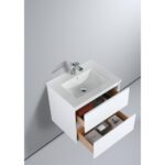 The Assisi 24 inch Wall Mounted Bathroom Vanity With Sink offers a modern white finish, rectangular sink, chrome faucet, and two open wooden drawers for towels, boxes, and toiletries.