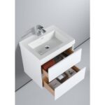 The Assisi 24 inch Wall Mounted Bathroom Vanity With Sink boasts a modern white finish, rectangular basin, chrome faucet, and two open wooden drawers for storing towels, boxes, and other bathroom essentials.