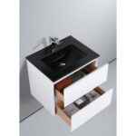 The Assisi 24 inch Wall Mounted Bathroom Vanity With Sink includes a black basin, chrome faucet, and two open wooden drawers for storage, bringing a modern style to your bathroom.