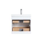 The Assisi 24 inch Wall Mounted Bathroom Vanity With Sink has a white cabinet, two open wooden drawers with compartments and exposed metal brackets, and a rectangular hole at the top for a faucet.