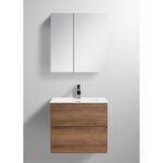 The Assisi 24 inch Wall Mounted Bathroom Vanity With Sink includes a rectangular basin, single-lever faucet, wooden cabinet, and a mirrored medicine cabinet above on a light-colored wall.
