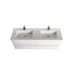 The Assisi 48 inch Wall Mounted Double Bathroom Vanity With Sink showcases two rectangular sinks, chrome faucets, and four drawers, all presented from above on a crisp white background for a sleek modern style.