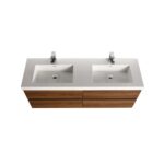 The Assisi 48 inch Wall Mounted Double Bathroom Vanity With Sink includes a modern white countertop, two rectangular sinks, chrome faucets, and a wooden cabinet with two spacious drawers.