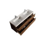 The Assisi 48 inch Wall Mounted Double Bathroom Vanity With Sink offers a white countertop, dual chrome faucets, and an open wooden base with multiple drawers and organized compartments for a modern look.