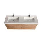 The Assisi 48 inch Wall Mounted Double Bathroom Vanity With Sink has two rectangular white sinks, chrome faucets, and a wooden base with four drawers, all presented from an overhead view on a white background for a modern feel.