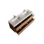 The Assisi 48 inch Wall Mounted Double Bathroom Vanity With Sink boasts a white countertop with two rectangular sinks and a wooden cabinet below, featuring four open drawers neatly displaying organized bathroom essentials.