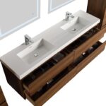 The Assisi 72 inch Wall Mounted Double Bathroom Vanity With Sink includes a white countertop, chrome faucets, open wooden drawers with organized toiletries, and two mirrors above the sinks for a sleek bathroom design.