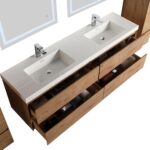 The Assisi 72 inch Wall Mounted Double Bathroom Vanity With Sink features white double sinks, chrome faucets, wooden cabinetry with open drawers for towels and toiletries, and is topped with two mirrors above the vanity.