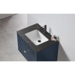 The Barcelona 30 Inch Wall Mount Bathroom Vanity showcases a black countertop with gold streaks, a white rectangular sink, and black faucet, all set against a light wall and floor.