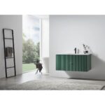 Minimalist bathroom with a Barcelona 42 Inch Wall Mount Bathroom Vanity in green, modern faucet, and striped cabinet. Large window reveals greenery outside. Ladder-style towel rack and freestanding bathtub complete the serene space.