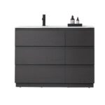 The Rothenburg 42 Inch Freestanding Bathroom Vanity features six dark drawers, a white countertop, a black faucet, and two bottles on a tray against a white background.