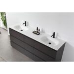 The Rothenburg 72 Inch Freestanding Bathroom Vanity features a white countertop with two integrated sinks, black faucets, and dark wood drawers. A tray with toiletries and soap sits between the sinks against white walls and gray floor tiles.
