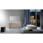 Minimalist bathroom with a large mirror above a Rothenburg 72 Inch Freestanding Bathroom Vanity, a modern tub near floor-to-ceiling windows, gray curtains, a round side table, and soft light on the floor beside the tub.