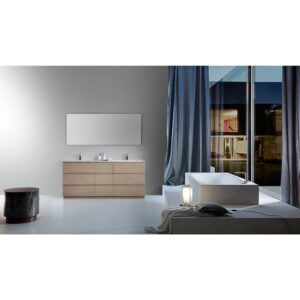 Minimalist bathroom with a large mirror above a Rothenburg 72 Inch Freestanding Bathroom Vanity, a modern tub near floor-to-ceiling windows, gray curtains, a round side table, and soft light on the floor beside the tub.