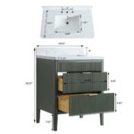 The Aveline 30 Inch Freestanding Bathroom Vanity With Top includes a white countertop and rectangular sink with two open drawers. Black arrows and inch measurements show the vanity, drawer, and sink dimensions.