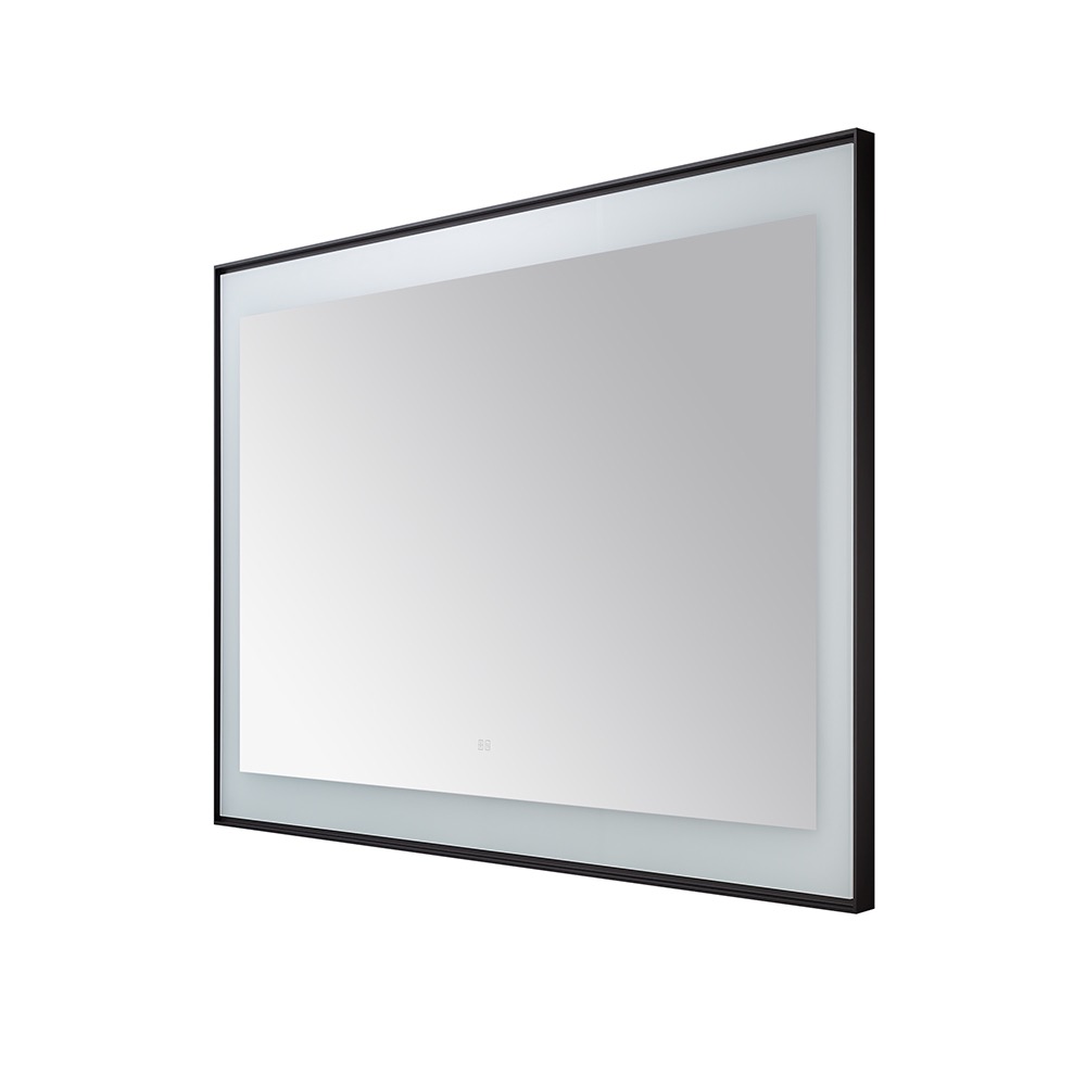 The Lexington 48 inch x 36 inch LED Lighted Slim Frame Mirror has a sleek, modern rectangular design with a thin black frame and slightly frosted border, shown angled against a white background.