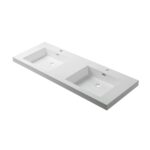 A white rectangular bathroom countertop with two square sinks and single faucet holes, designed for double vanity use—ideal for pairing with the Jena 60 inch Wall Mount Double Vanity with LED Lights.