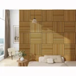 A modern living room features a statement wall with Acoustic Interior Wall Panels in alternating slat directions, a beige sofa with cushions, a round wooden table, a chair, and a tall window with curtains.