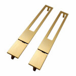 Two modern, rectangular gold metal handles with a cutout center and end block are shown side by side on a white background, designed to complement the Oakville 72 inch Modern Bathroom Vanity.